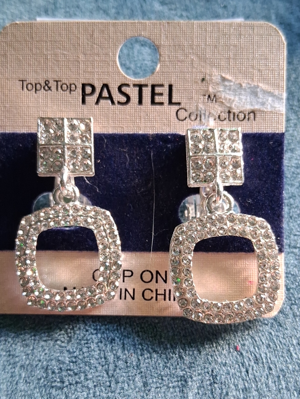 Pastels  Silver Crystal Square Dangle Clip On Earrings.